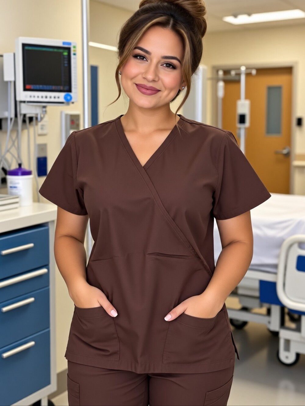 AMS Brown V Neck Scrub Top with Pockets